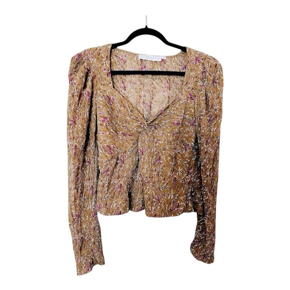 ASTR THE LABEL Twist Front Long Sleeve Mustard/Brown Floral Blouse Size L